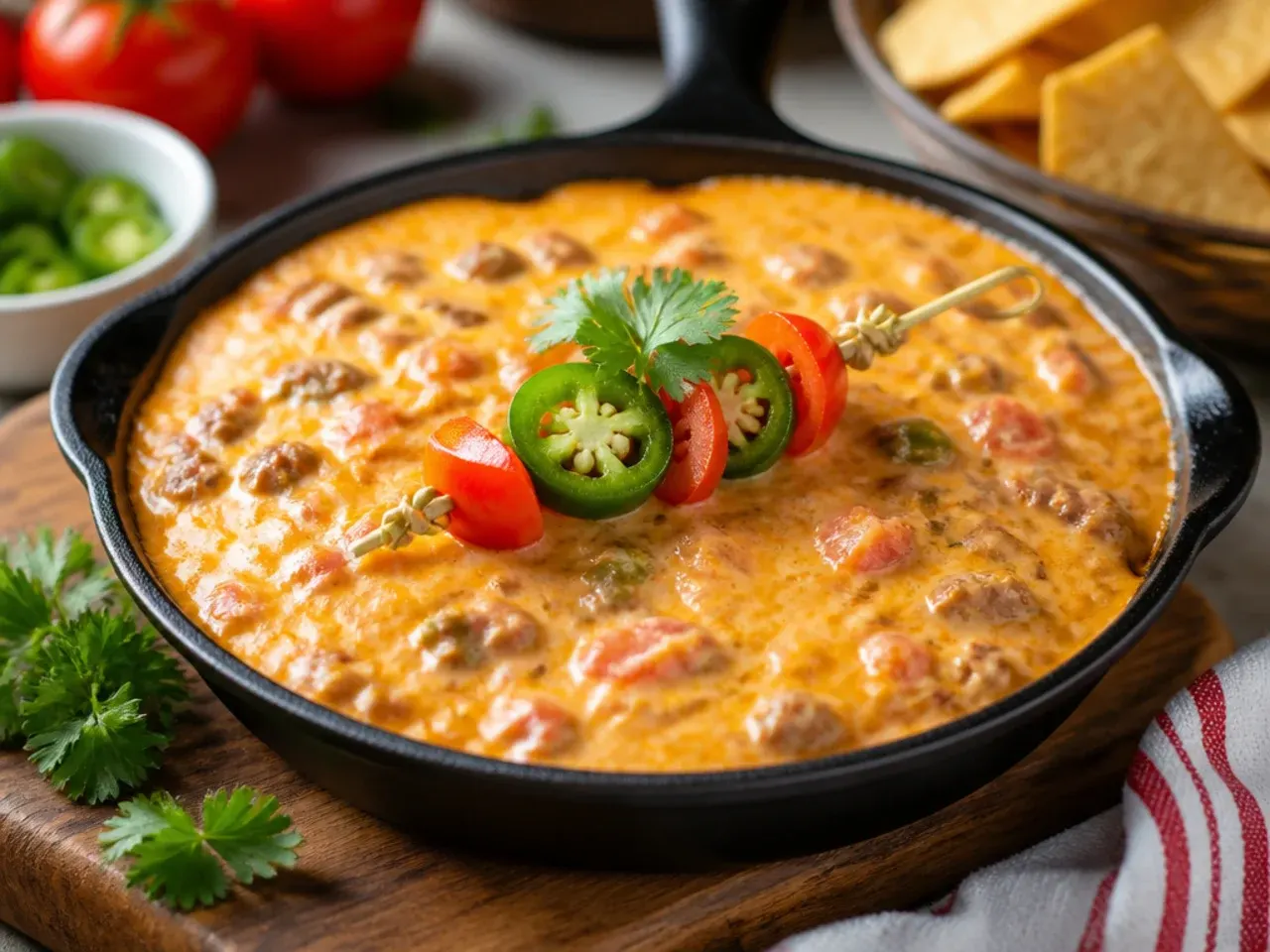 Small dishes of homemade seasoning spices next to a bowl of rotel dip with cream cheese