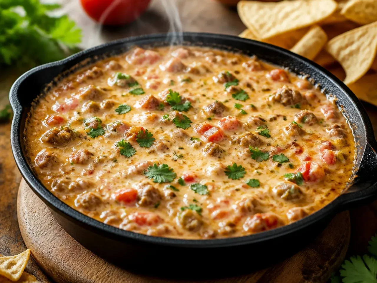 Baking dish of oven-baked rotel dip with cream cheese, bubbling and golden at the edges