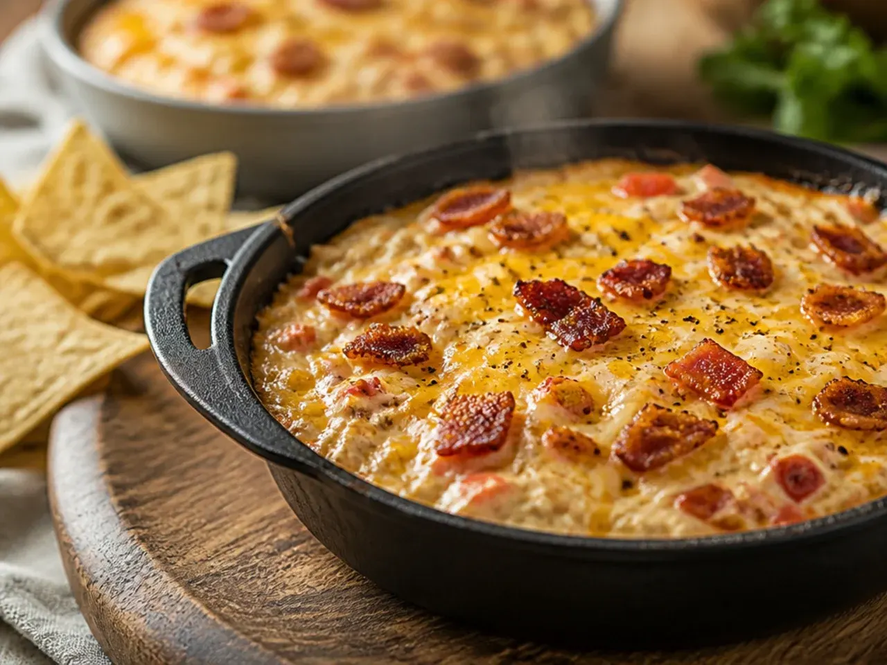 Cozy bacon rotel dip with cream cheese topped with crispy bacon crumbles