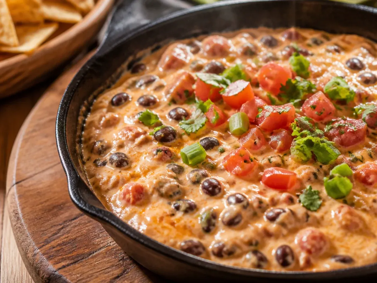 Simple black bean rotel dip with cream cheese, showing whole black beans mixed through
