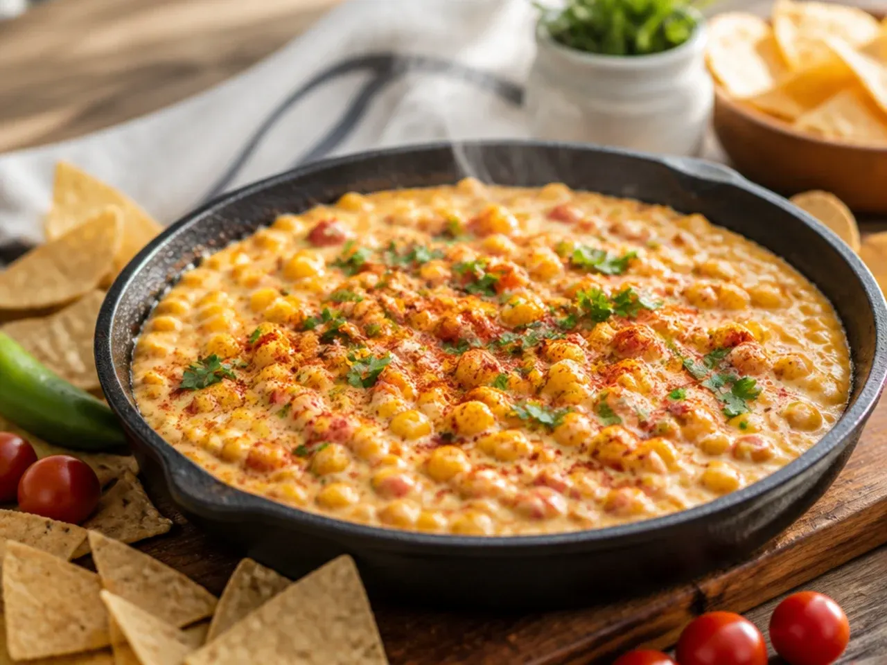 Creamy corn rotel dip with cream cheese studded with bright yellow sweetcorn kernels
