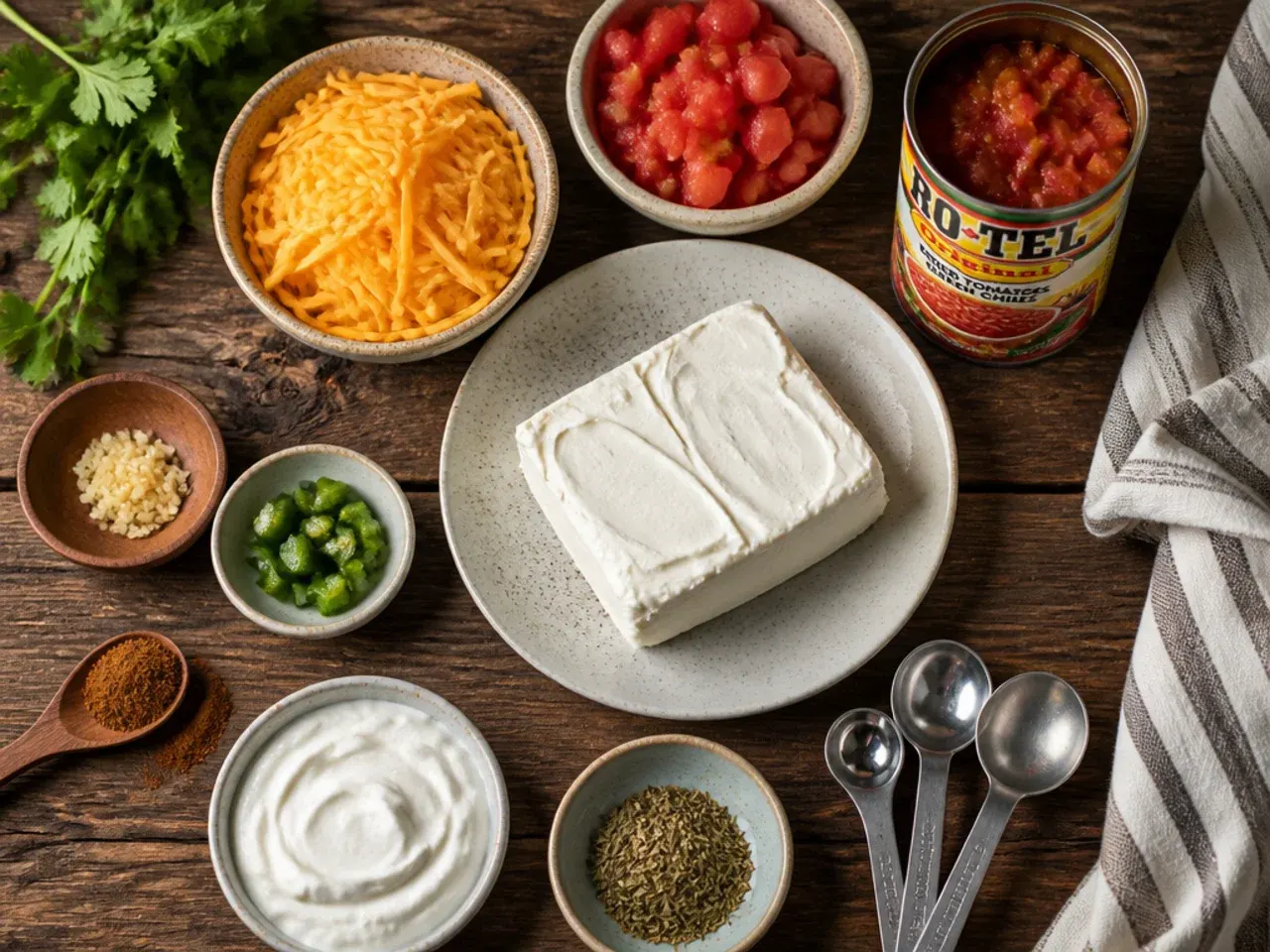 Hands cubing cream cheese on a chopping board ready for rotel dip