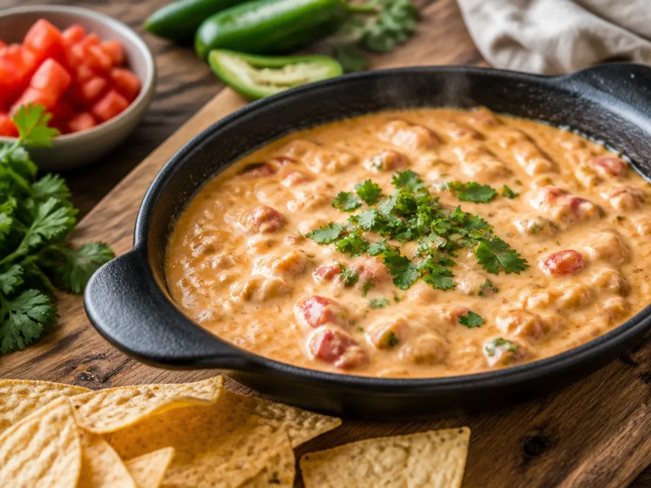 Rotel dip with cream cheese served with tortilla chips and fresh vegetable sticks arranged around it