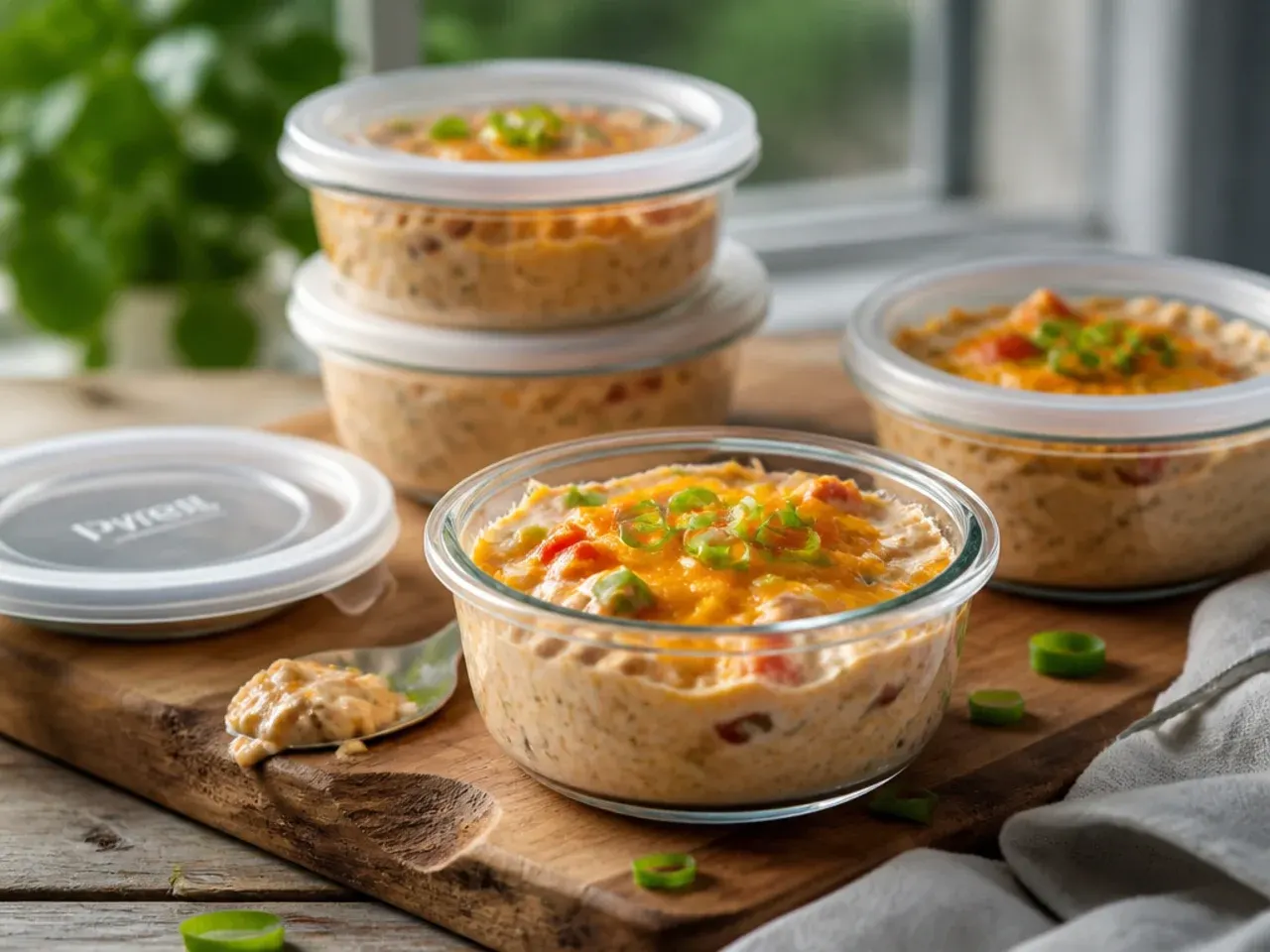 Airtight container of leftover rotel dip with cream cheese ready to be stored in the fridge