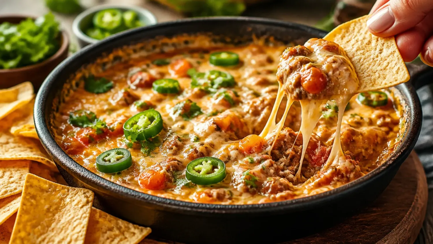 A bowl of cheesy rotel dip with ground beef surrounded by tortilla chips