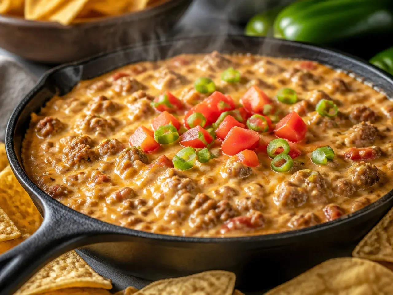 Overhead shot of rotel dip with ground beef in a cast iron skillet with tortilla chips