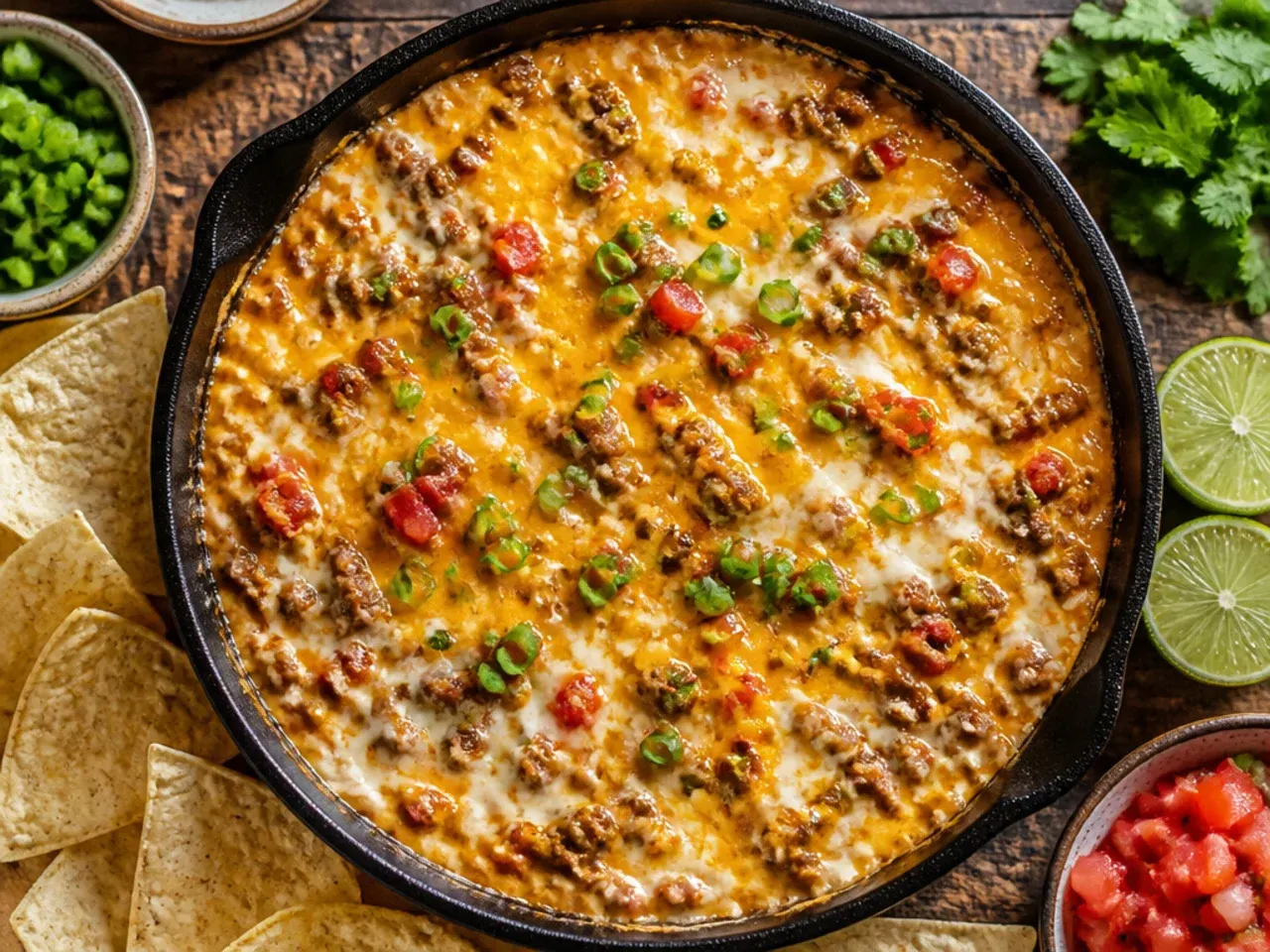 Close-up of classic three-ingredient rotel dip with ground beef in a saucepan