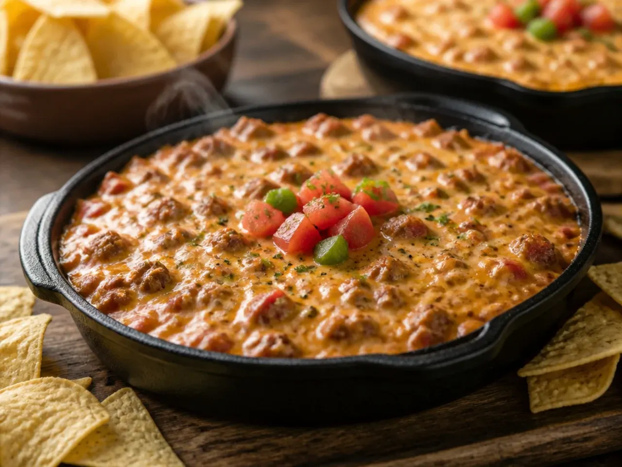 One-skillet rotel dip with ground beef being stirred with a wooden spoon