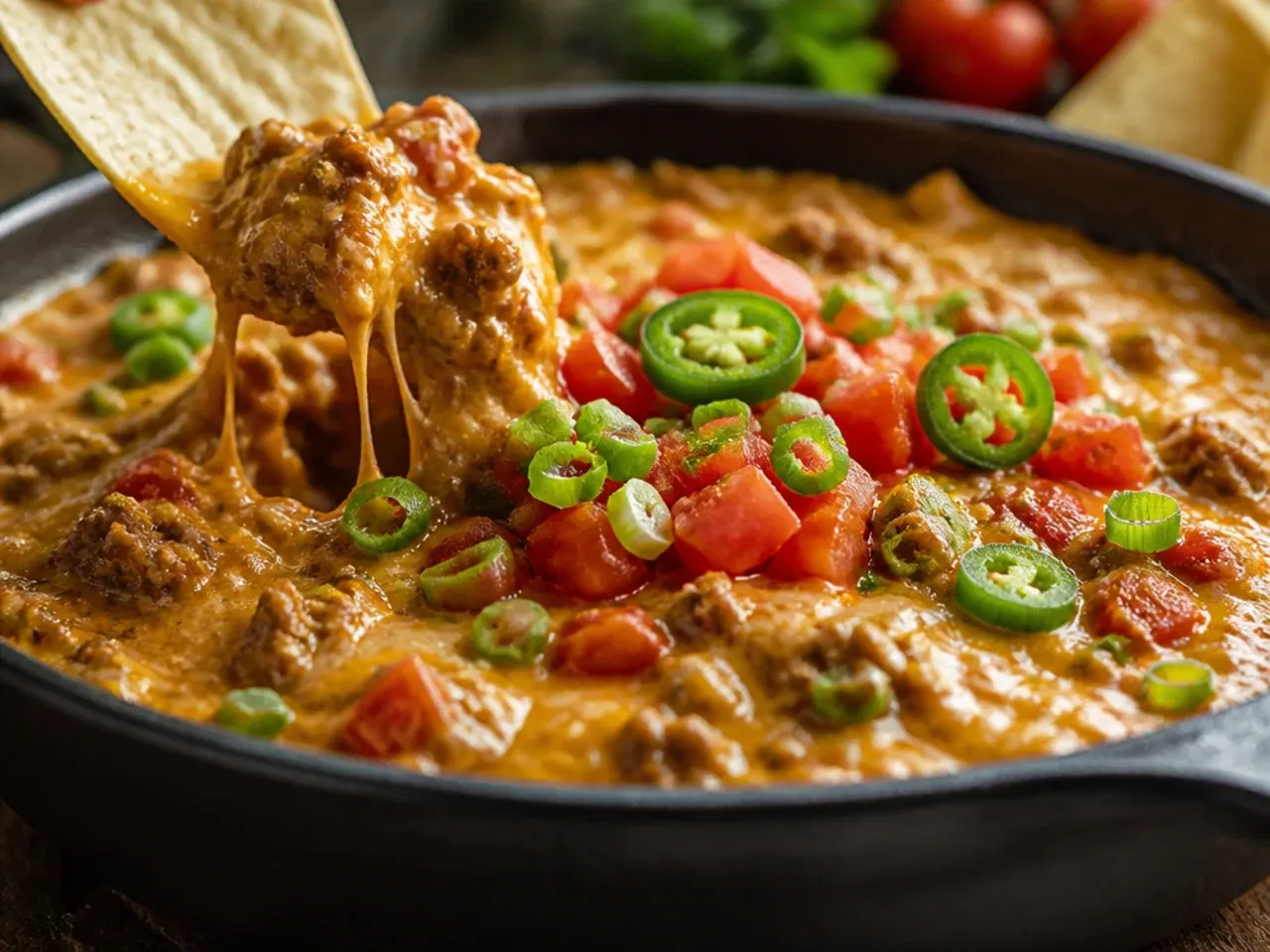 Creamy cozy rotel dip with ground beef topped with melted cream cheese swirls