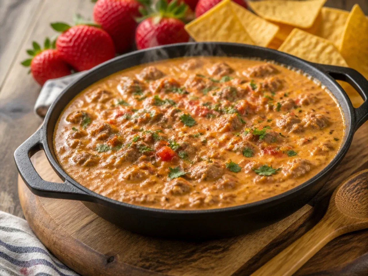 Microwave-safe bowl of simple rotel dip with ground beef ready to serve