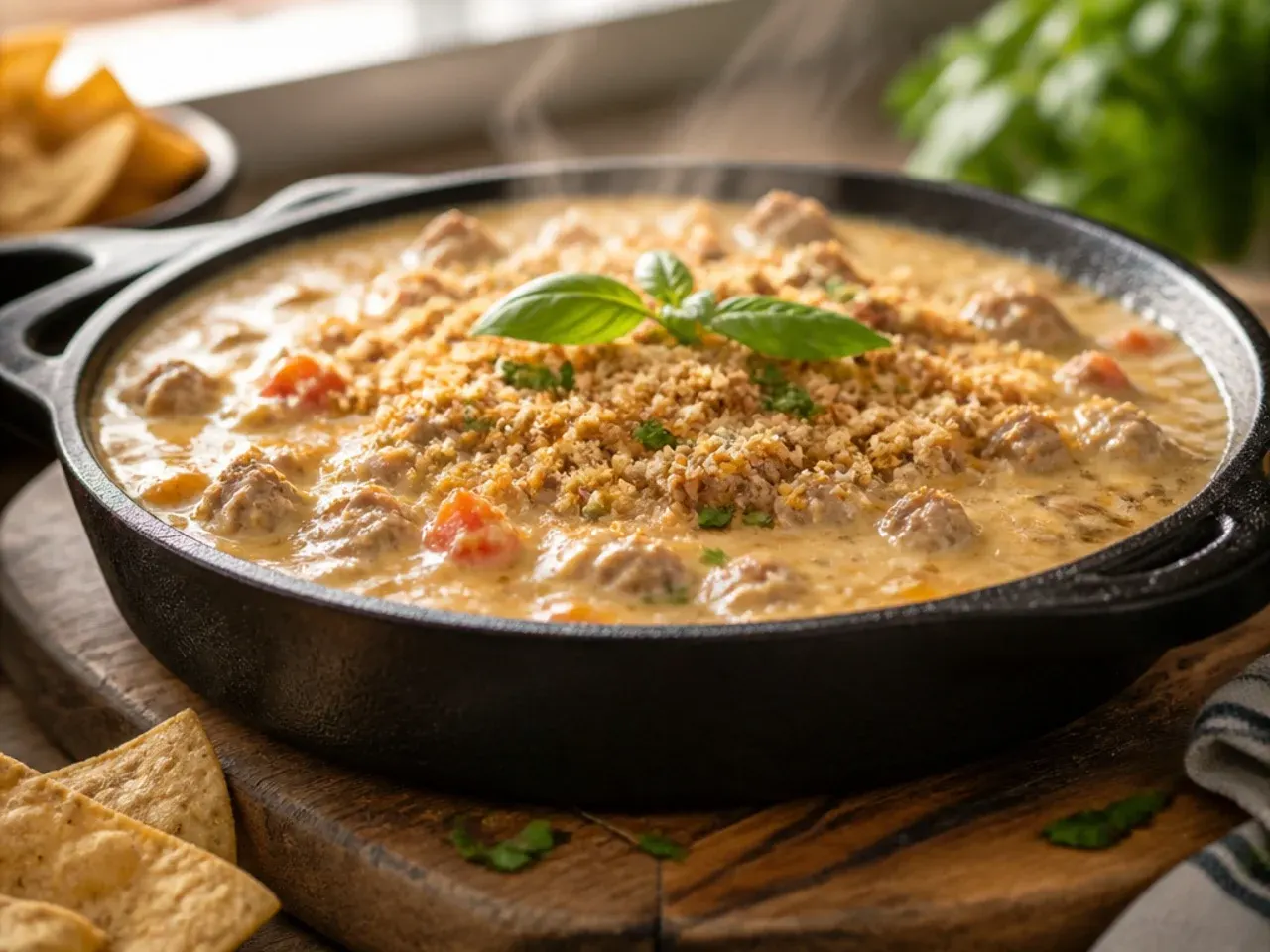 Spoon lifting a silky, creamy rotel dip with ground beef from a bowl