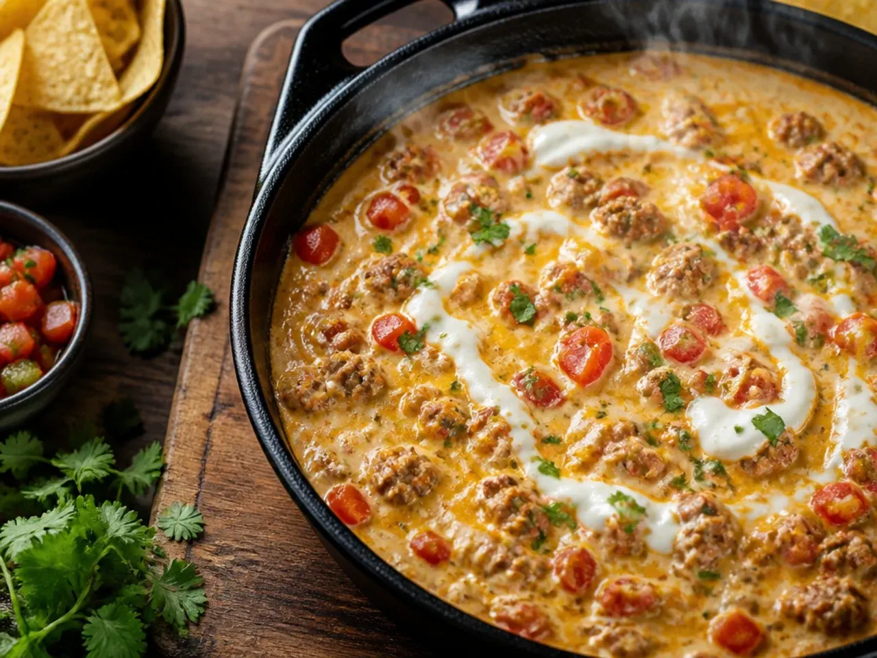 Loaded rotel dip with ground beef topped with beans, corn, and jalapenos