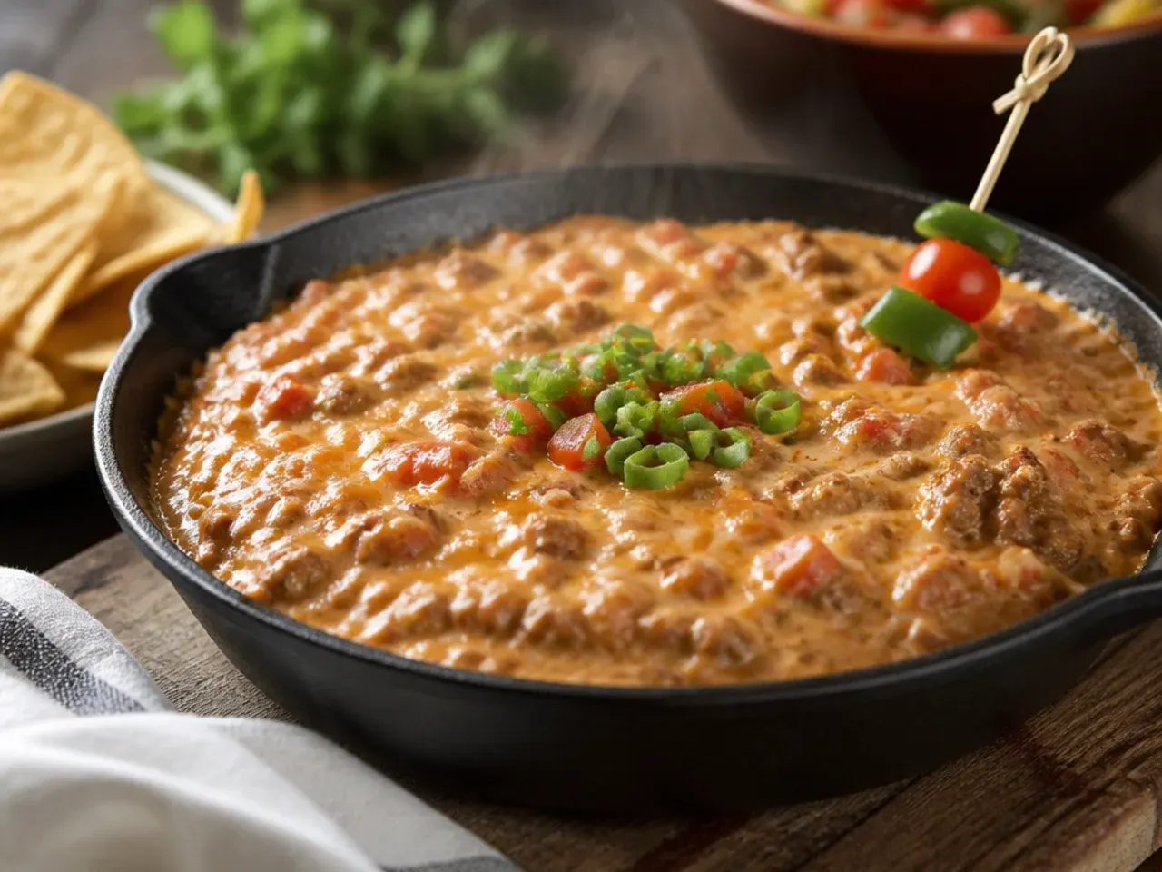 Bowl of best-ever rotel dip with ground beef seasoned with taco spices and green chillies
