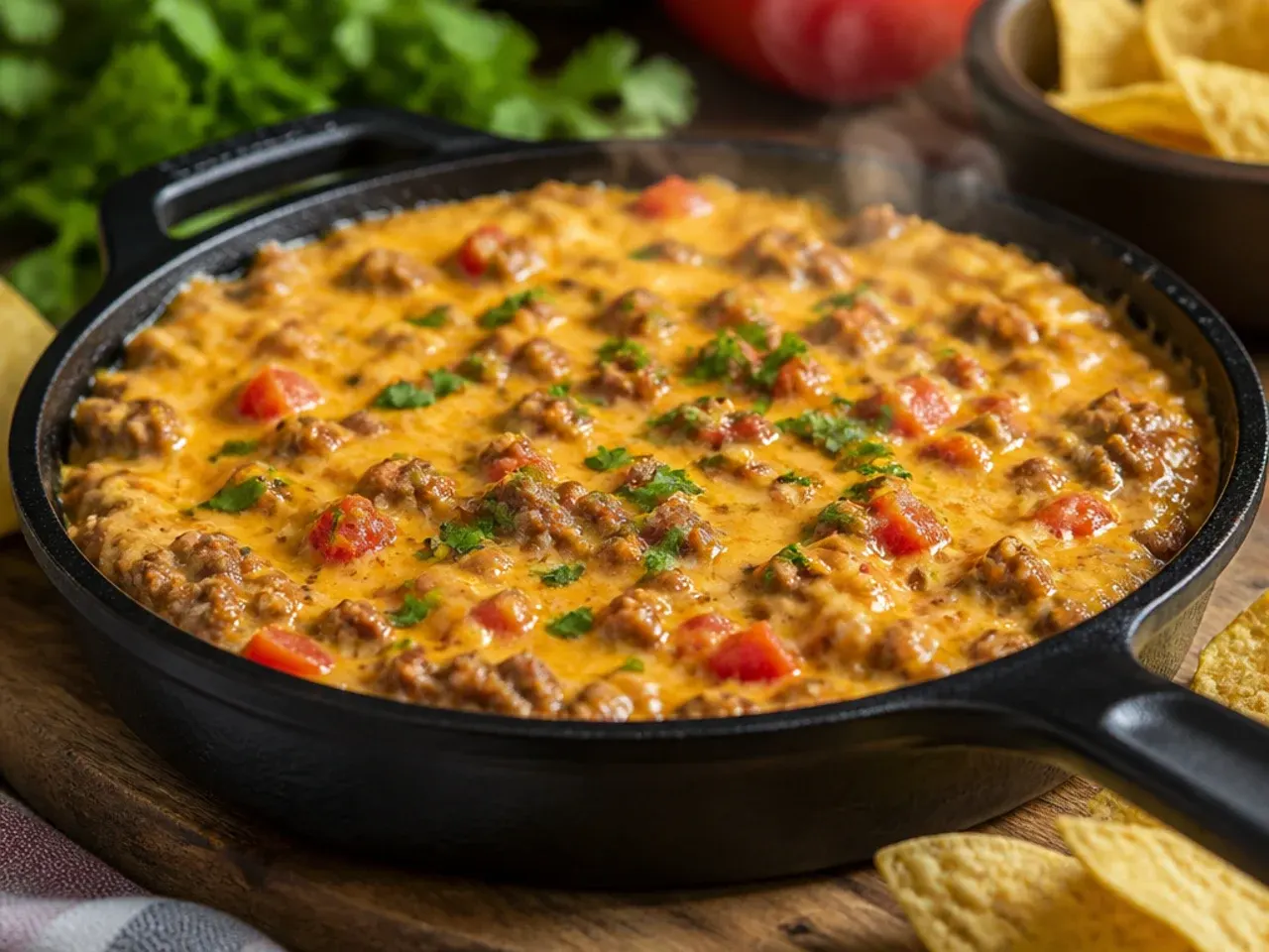 Extra cheesy rotel dip with ground beef stretched with a tortilla chip