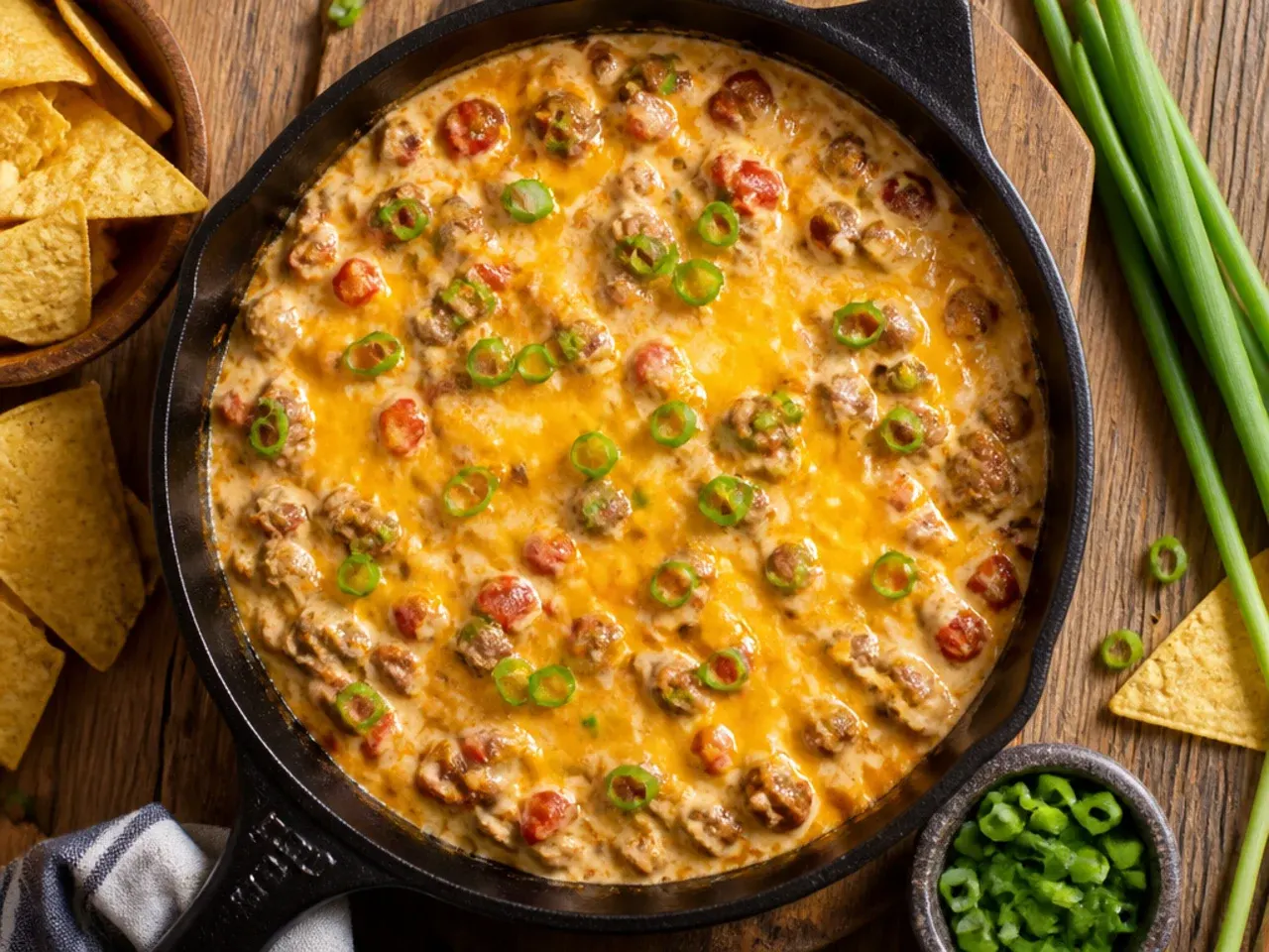 Budget-friendly rotel dip with ground beef and beans in a simple bowl