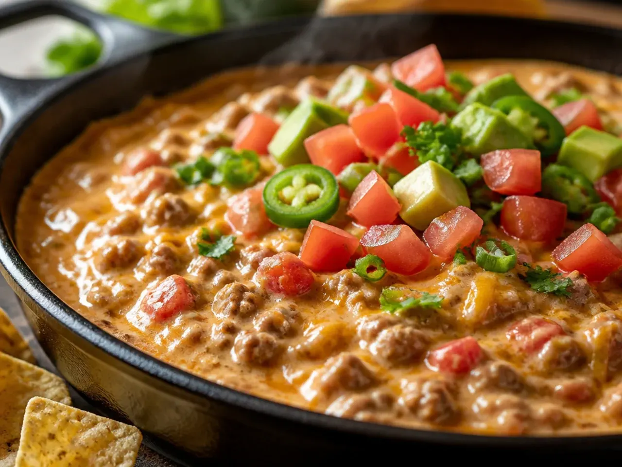 Container of pre-browned beef ready to make ahead rotel dip with ground beef