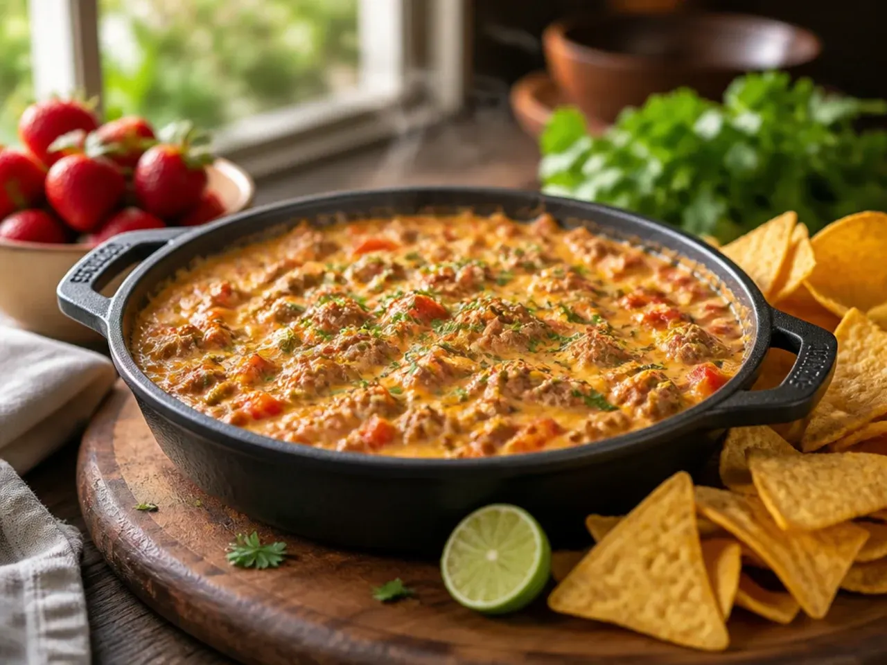 Mild family rotel dip with ground beef served with flour tortilla strips