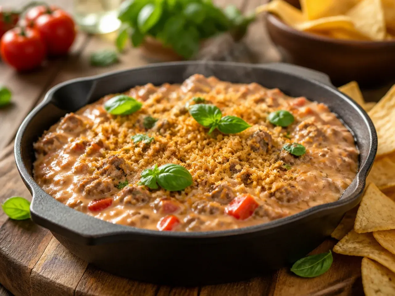 Festive rotel dip with ground beef garnished with red and green peppers