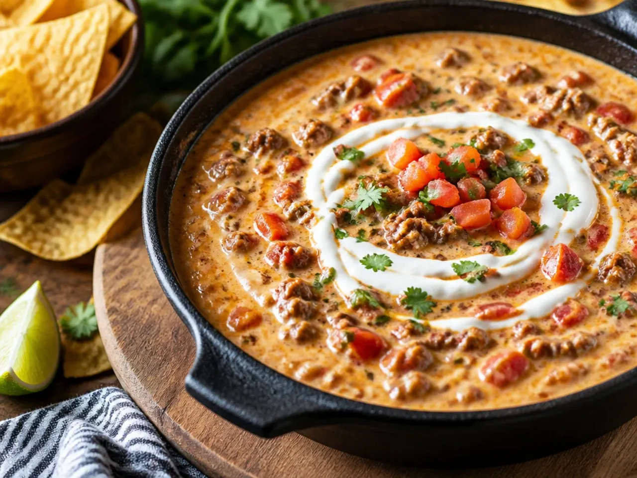 Quick rotel dip with ground beef made in under ten minutes