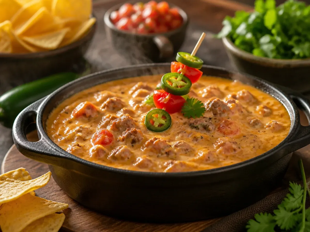 Homemade rotel dip with ground beef made from fresh simmered tomatoes
