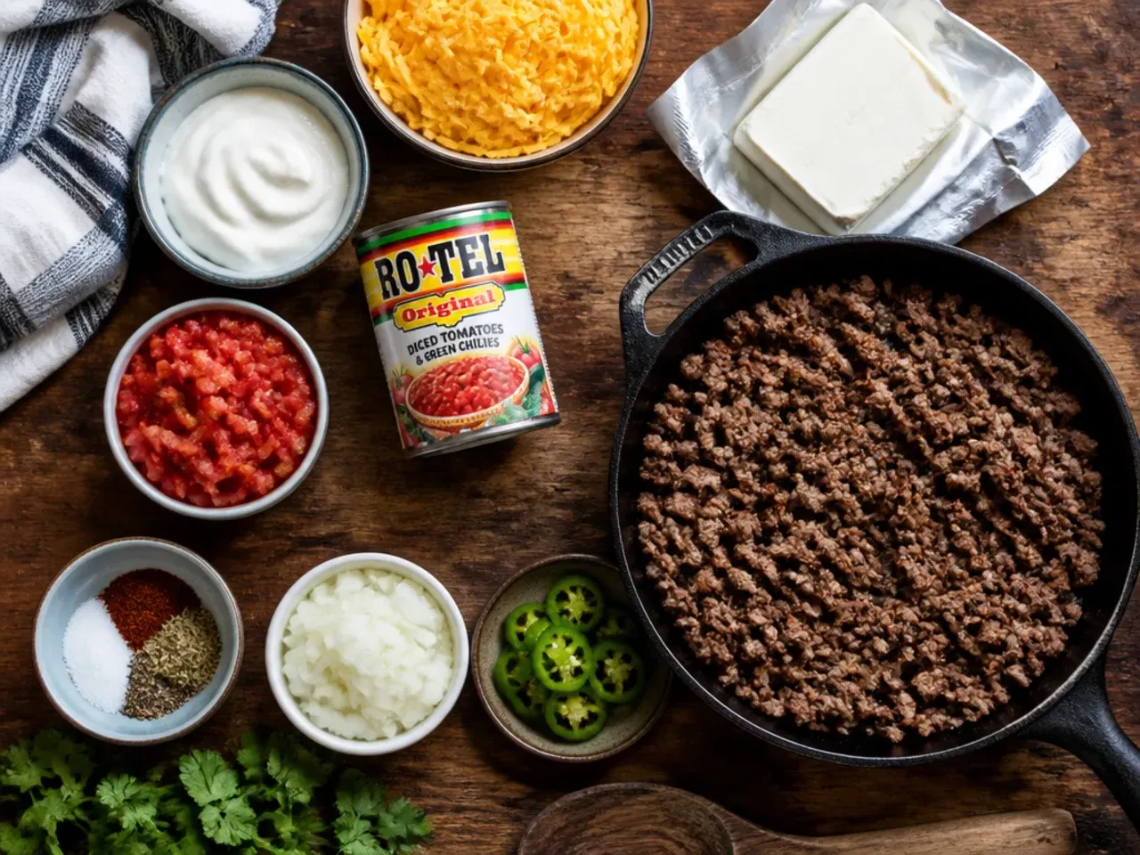 Hands stirring rotel dip with ground beef in a pan showing smooth texture