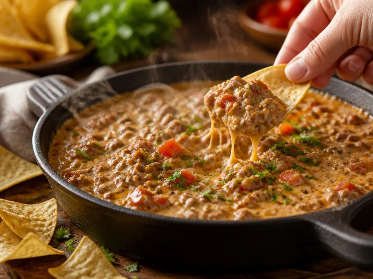 Rotel dip with ground beef served with tortilla chips and fresh garnishes on a party table