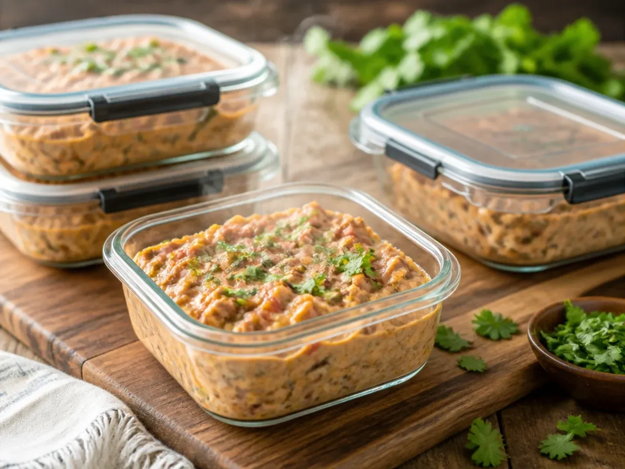 Leftover rotel dip with ground beef stored in an airtight container in the fridge