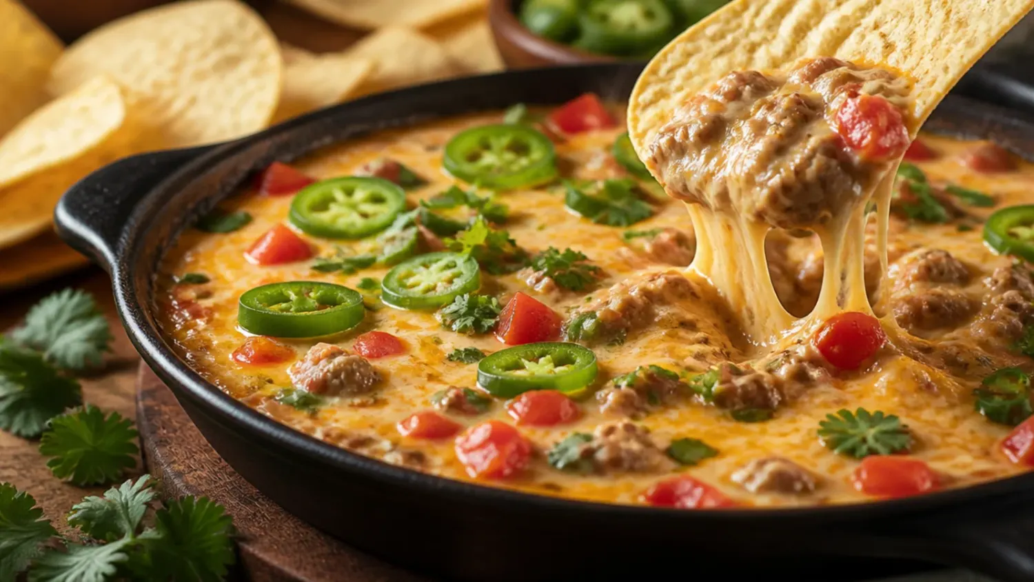 A bowl of creamy rotel dip with sausage, melted cheese and tortilla chips arranged around it