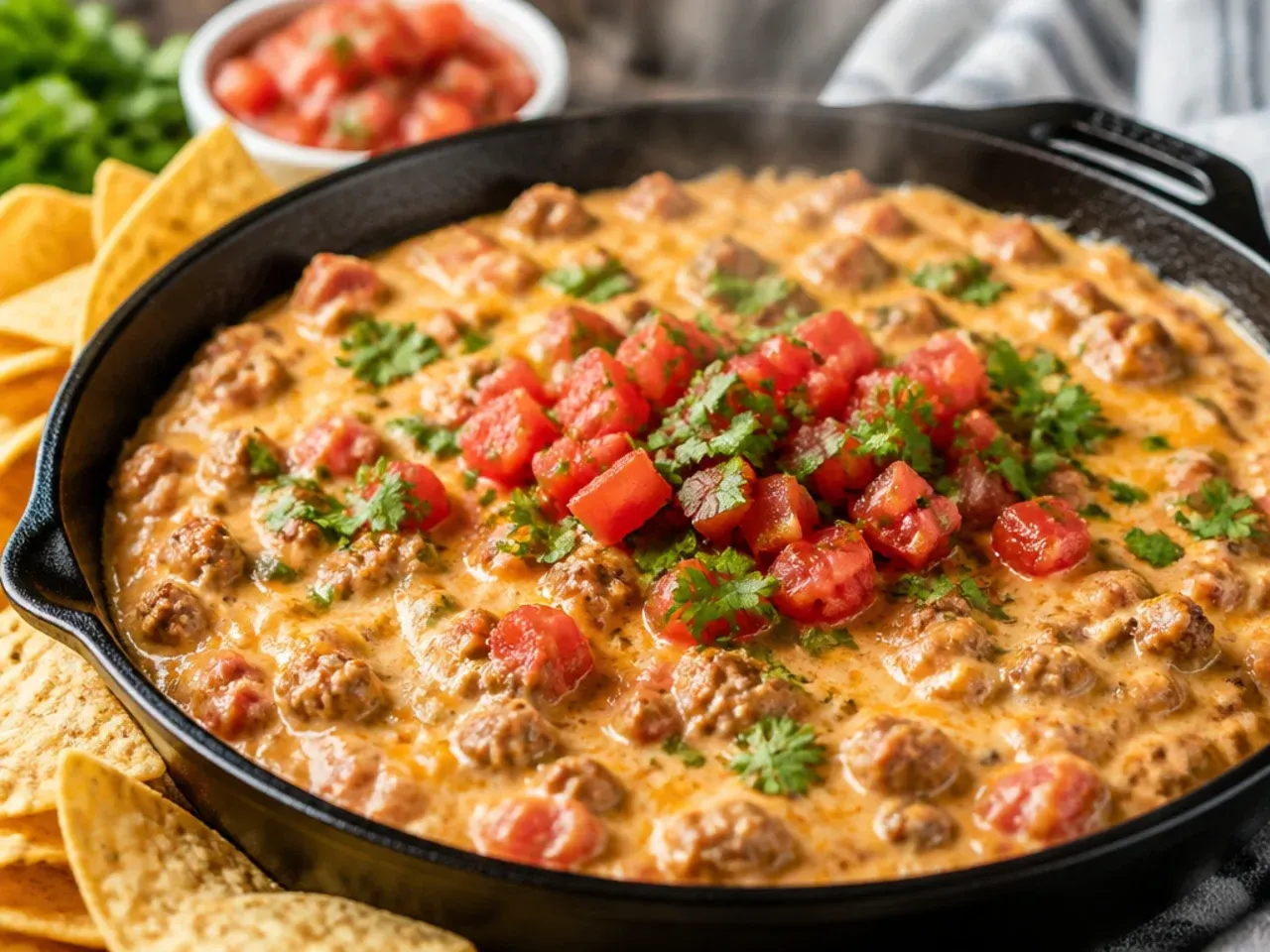 Overhead shot of rotel dip with sausage ingredients laid out before cooking