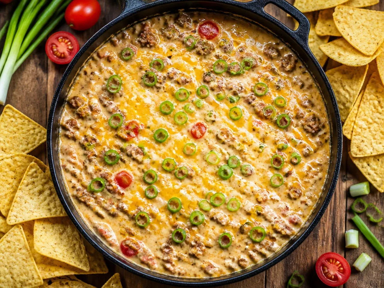 Classic rotel dip with sausage in a skillet with a spoon lifting a cheesy scoop