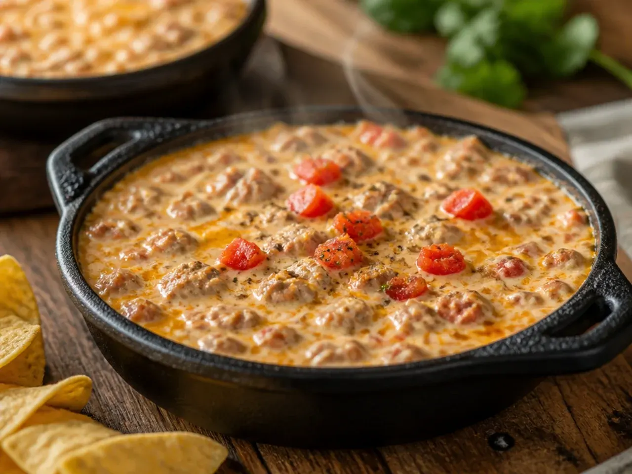 Three-ingredient easy rotel sausage dip melting in a skillet