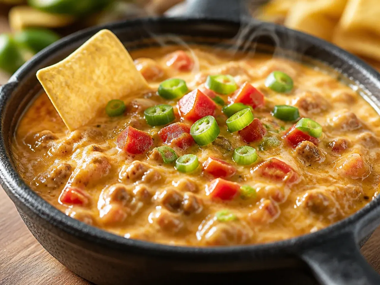Slow cooker filled with cozy rotel dip with sausage on warm setting
