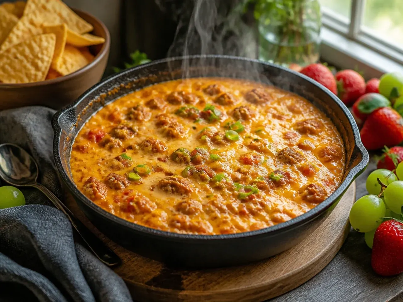 Simple rotel sausage dip melting under the grill in a baking dish