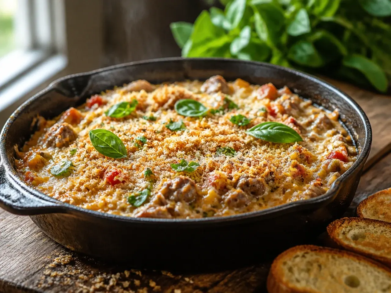 Extra creamy rotel dip with sausage showing a thick, rich texture