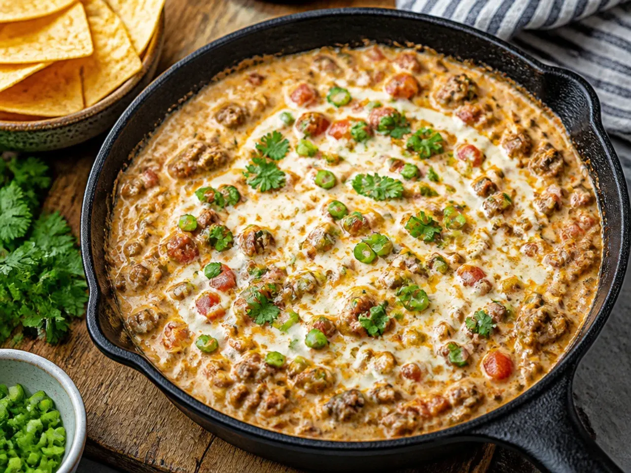 Loaded rotel dip with sausage topped with black beans, corn and diced peppers