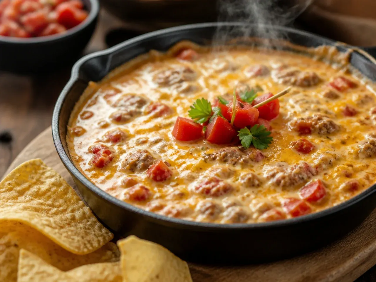 Best-ever triple cheese rotel dip with sausage being stirred in a pan