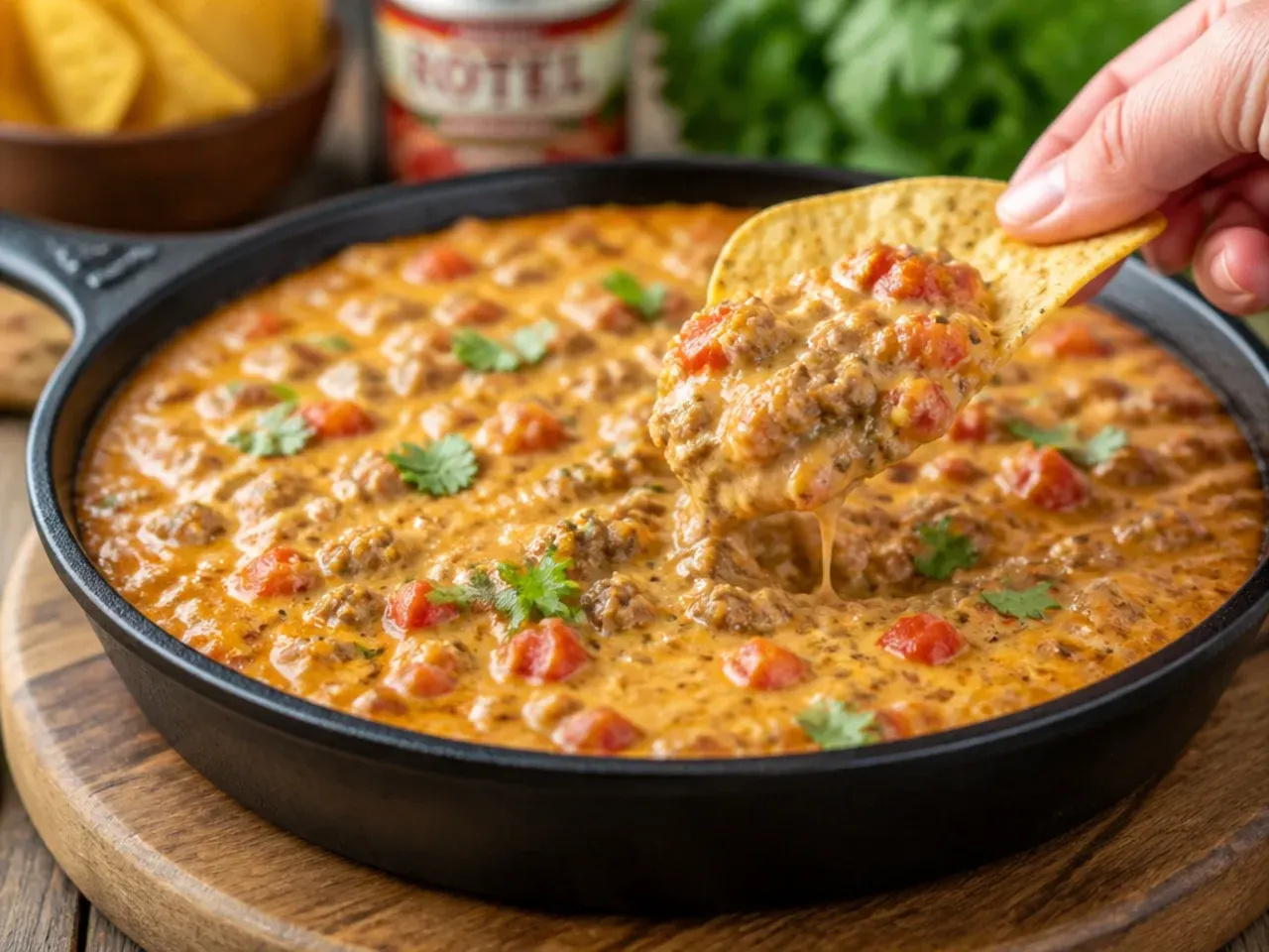 Extra cheesy rotel dip with sausage with visible pepper jack strands