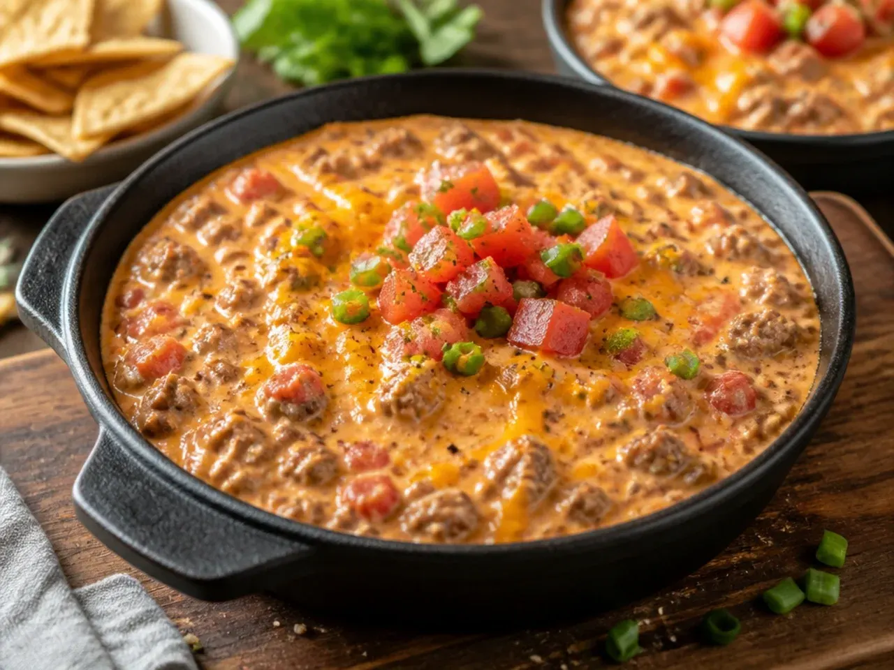 Large crowd-pleasing batch of rotel dip with sausage in a big slow cooker