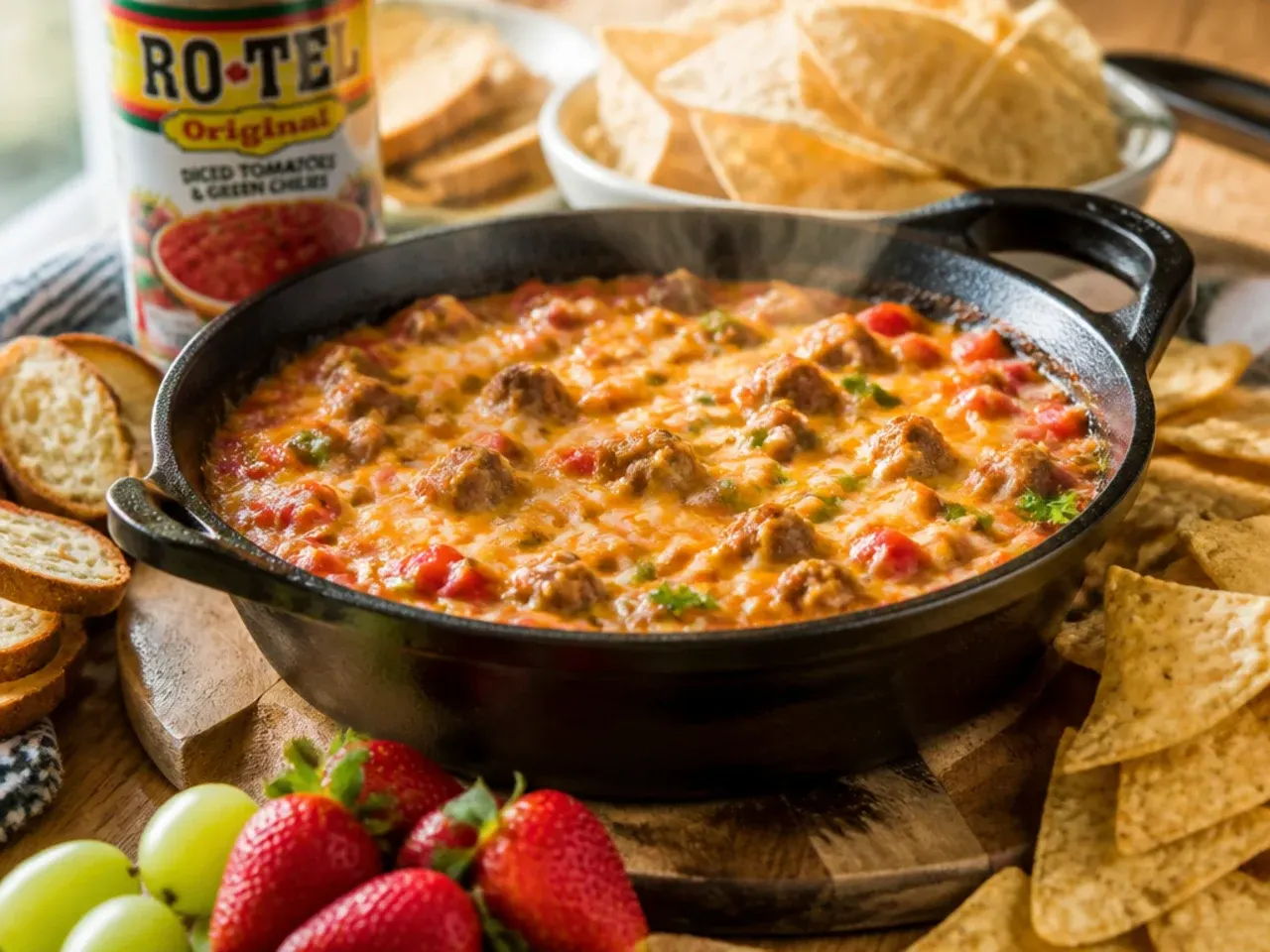 Family-friendly mild rotel dip with sausage served with tortilla chips