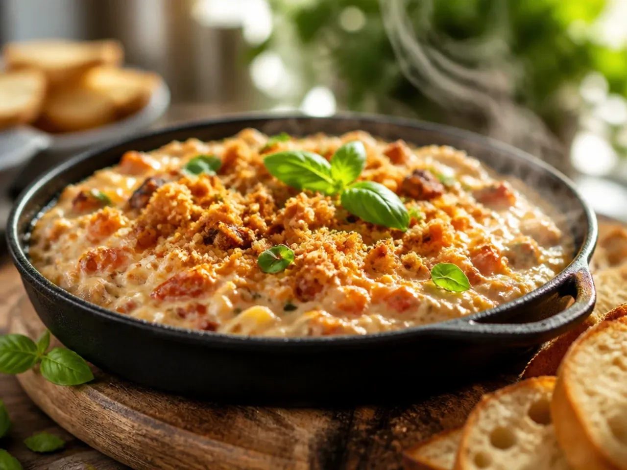 Festive rotel dip with sausage garnished with bacon and green onion for the holidays