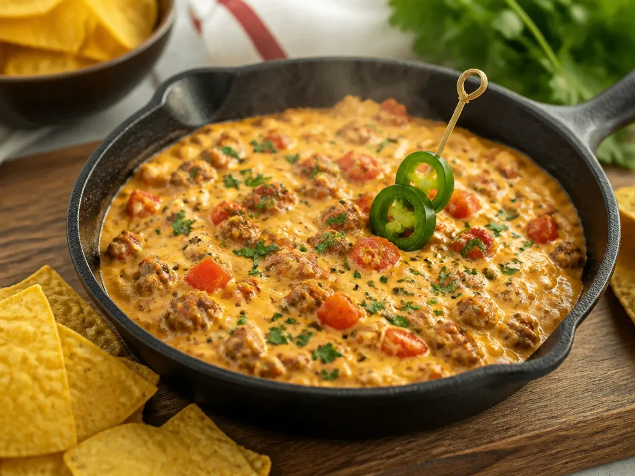 Homemade rotel dip with sausage made from scratch with fresh tomatoes and chillies