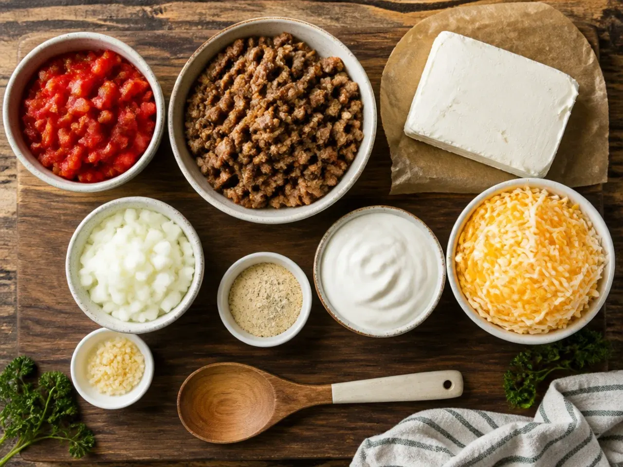 Close-up of hands cubing cream cheese for rotel dip with sausage