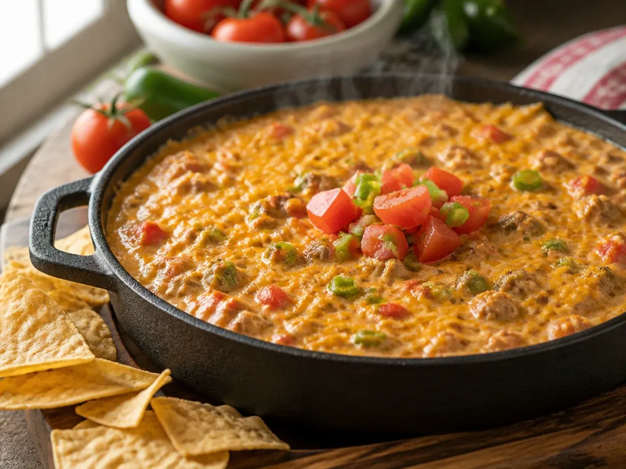 Rotel dip with sausage served with tortilla chips, celery sticks and toasted bread