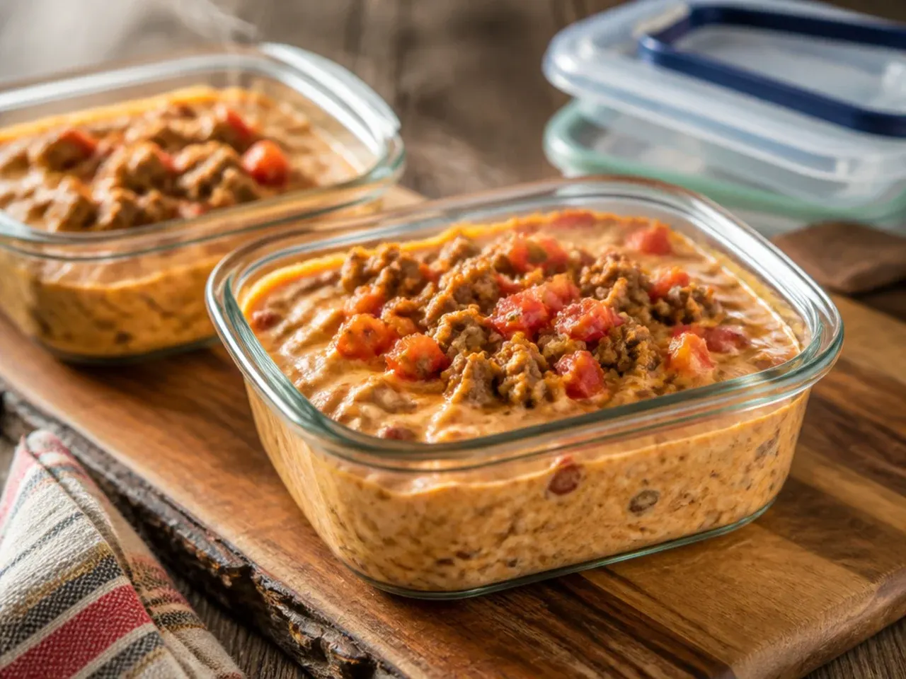 Rotel dip with sausage leftovers stored in an airtight container in the fridge