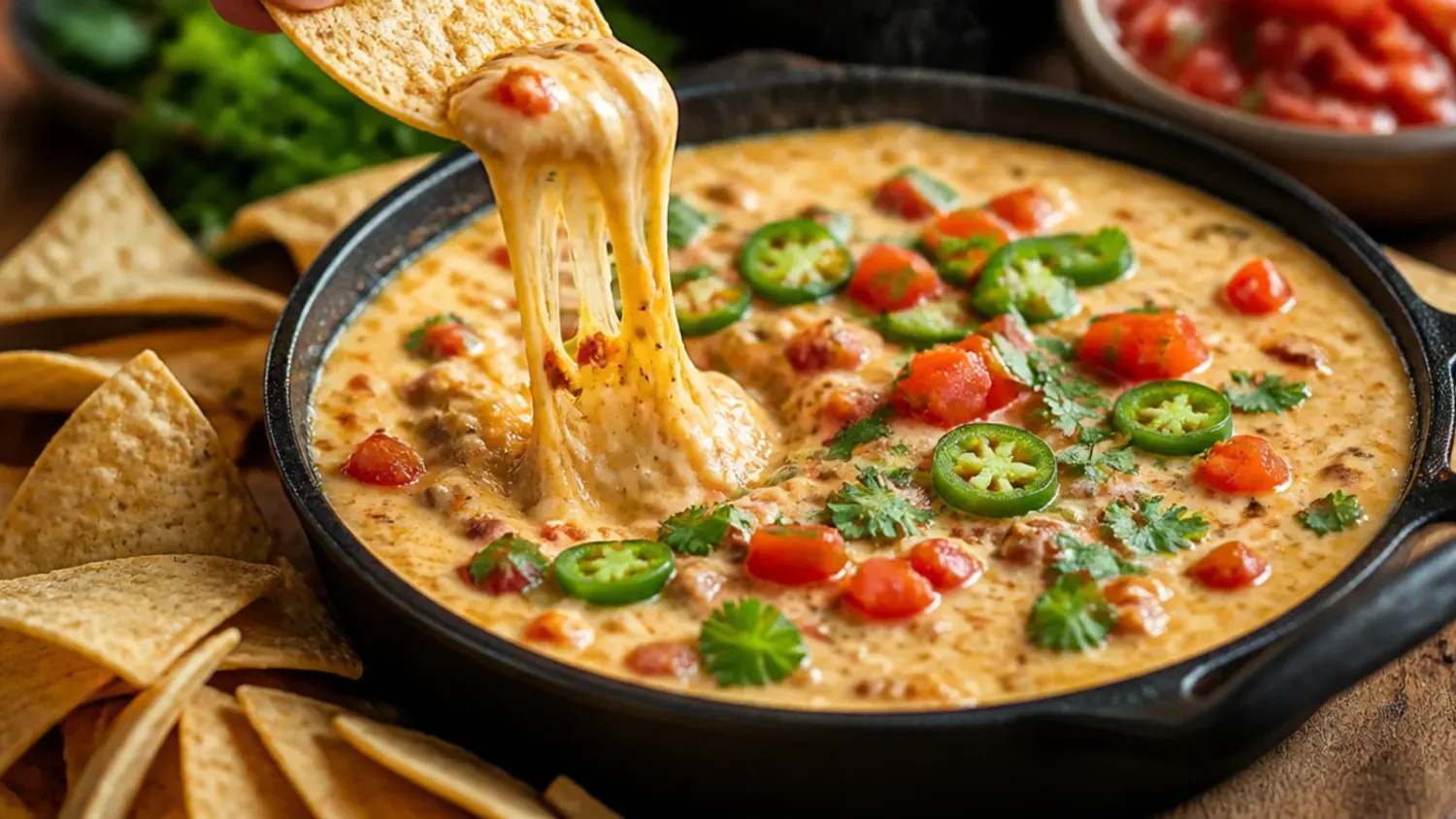 A bowl of creamy rotel dip with melted cheese, ground beef and diced tomatoes, surrounded by tortilla chips for dipping
