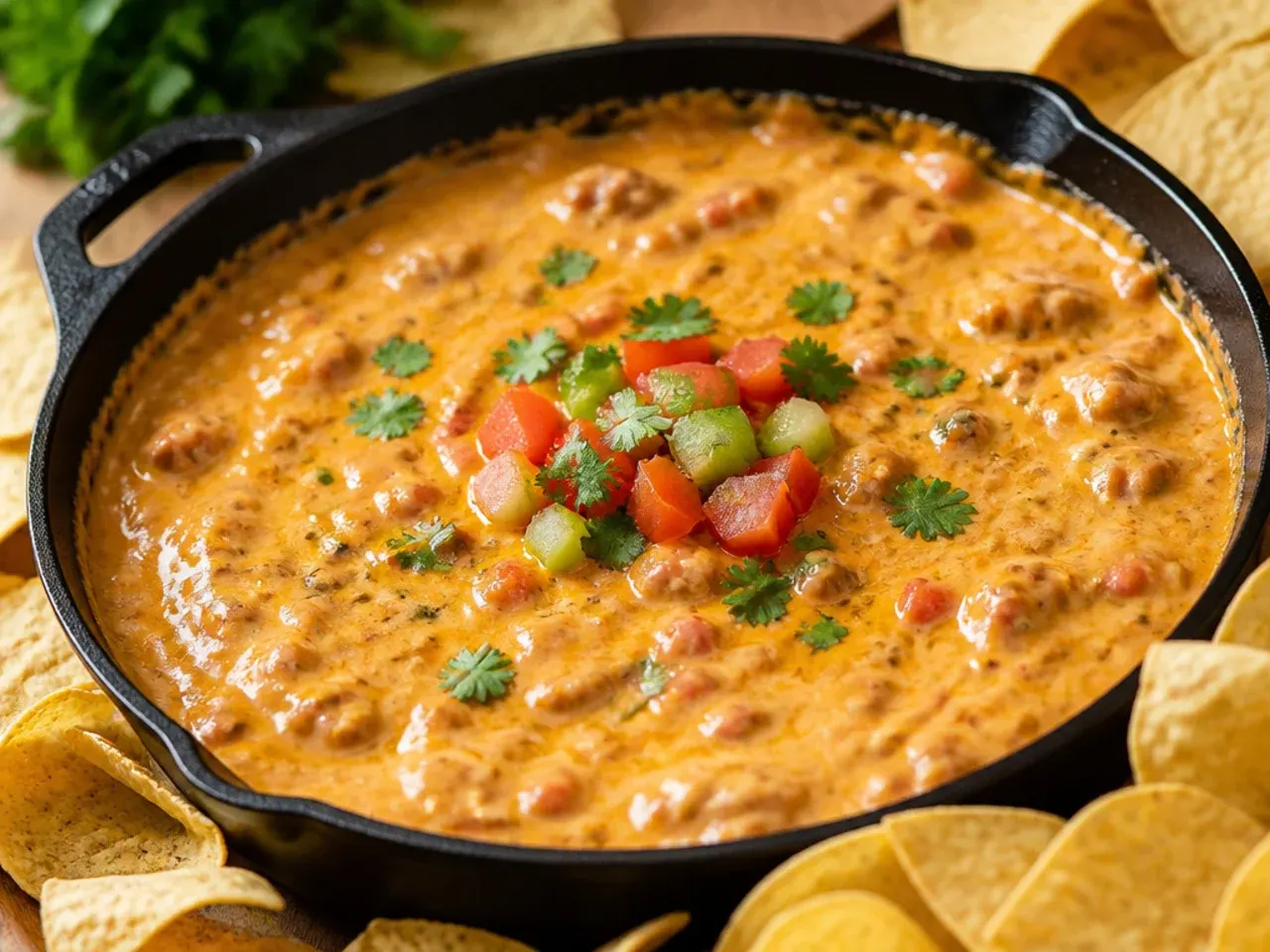Overhead shot of a warm, melted rotel dip in a serving dish with a chip dipped into it