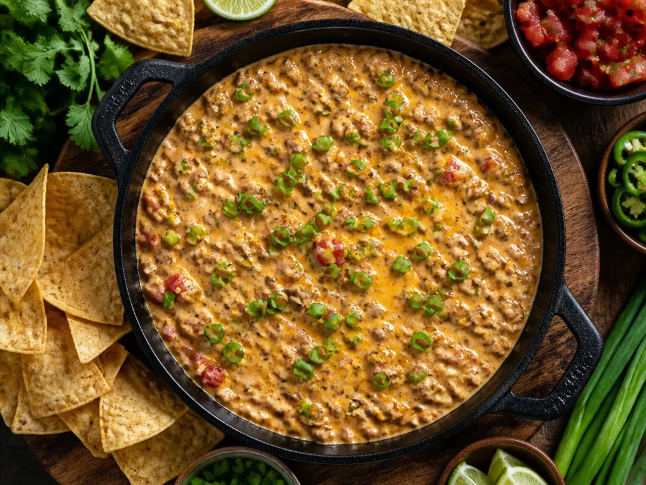 Pot of classic rotel dip with visible ground beef and melted cheese