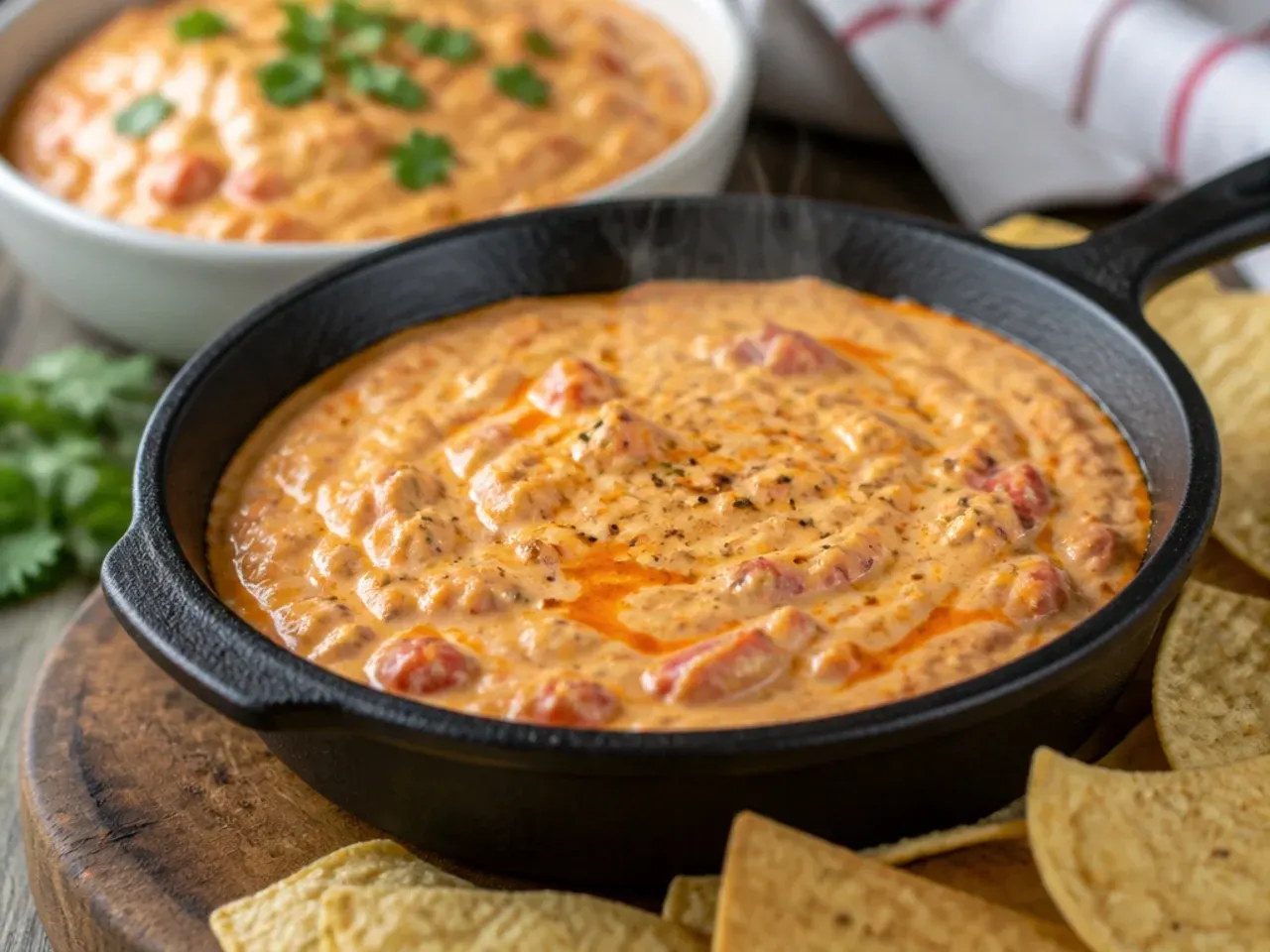 Microwave-safe bowl of melted three-ingredient rotel dip with a spoon
