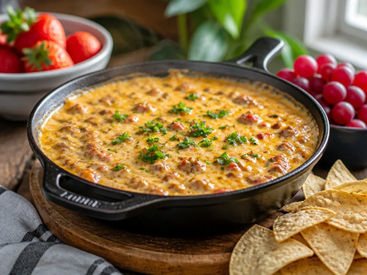 Saucepan of simple two-ingredient rotel dip being stirred with a wooden spoon