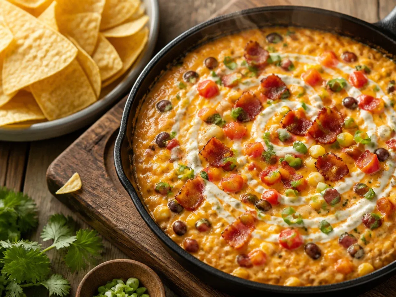 Loaded rotel dip topped with black beans, sweetcorn and crumbled bacon